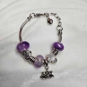 Purple Beaded Silver Tone Angel Charm Bracelet Clasp Closure Extender Cross Wing